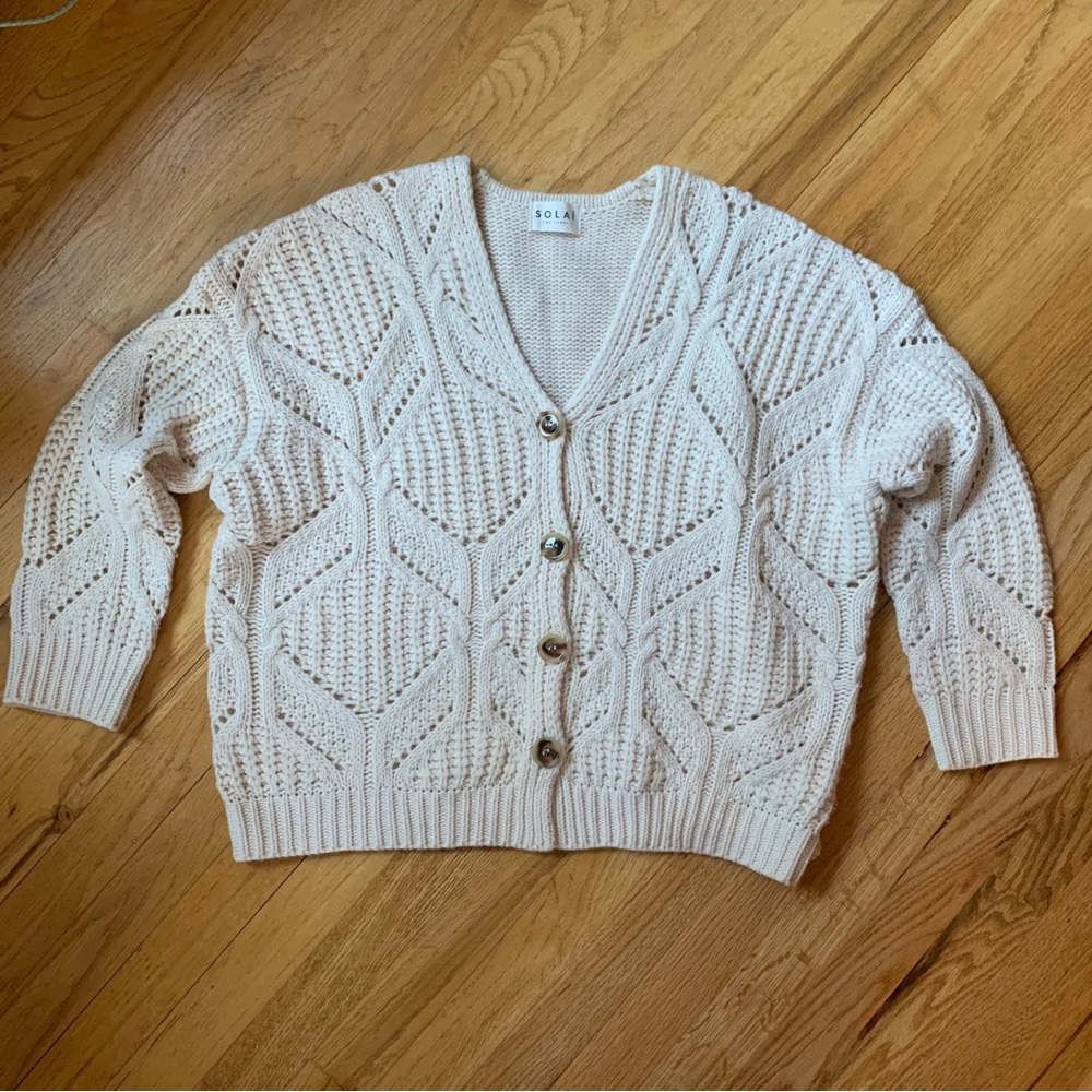 Solai The Label Cream Open-Knit Button Front Cardigan